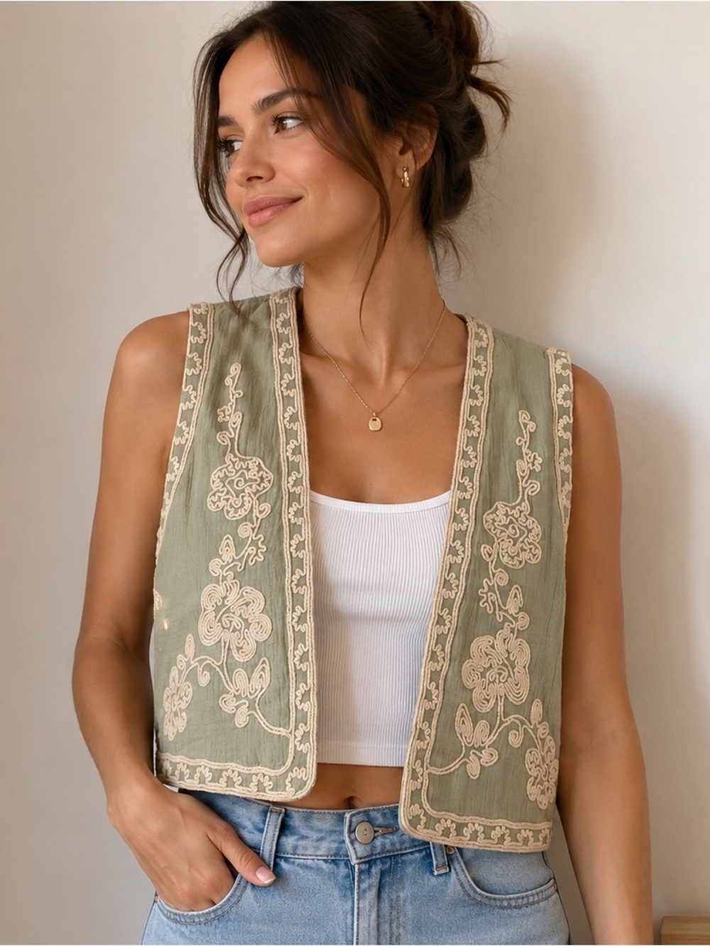 House of Harlow 1960 Sage Green Embroidered Vest